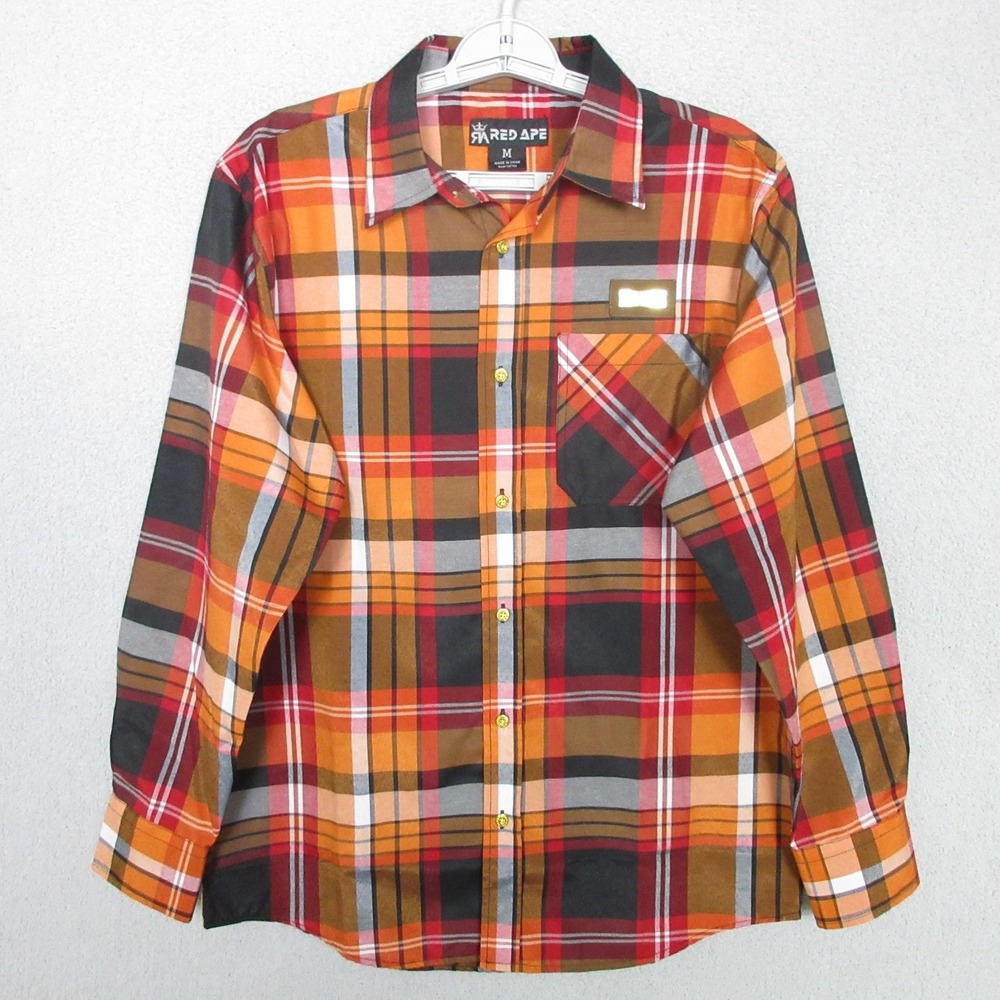 Red Ape Plaid Button Down Shirt Mens Medium Orange Brown Gold Plaque Long Sleeve